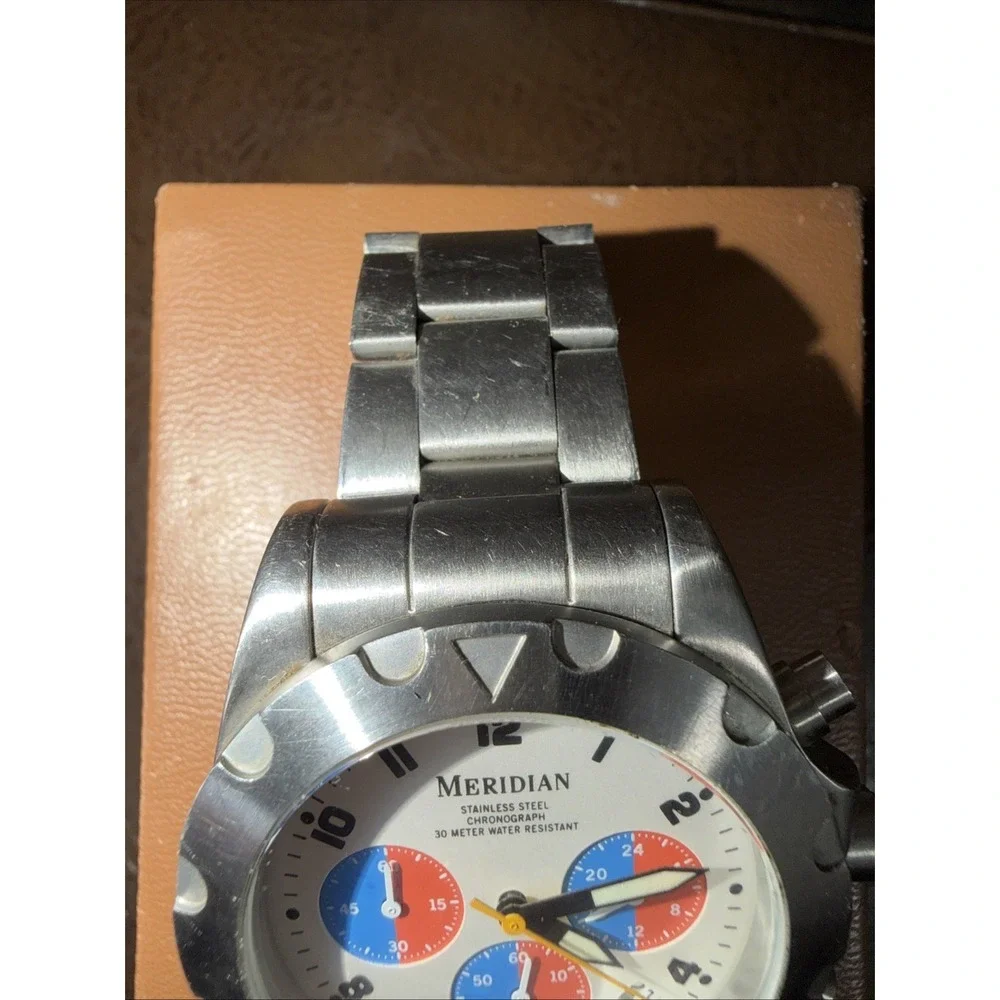 Meridian Men's Chronograph‎ Watch Stainless Steel White Dial 30M Water Resistant